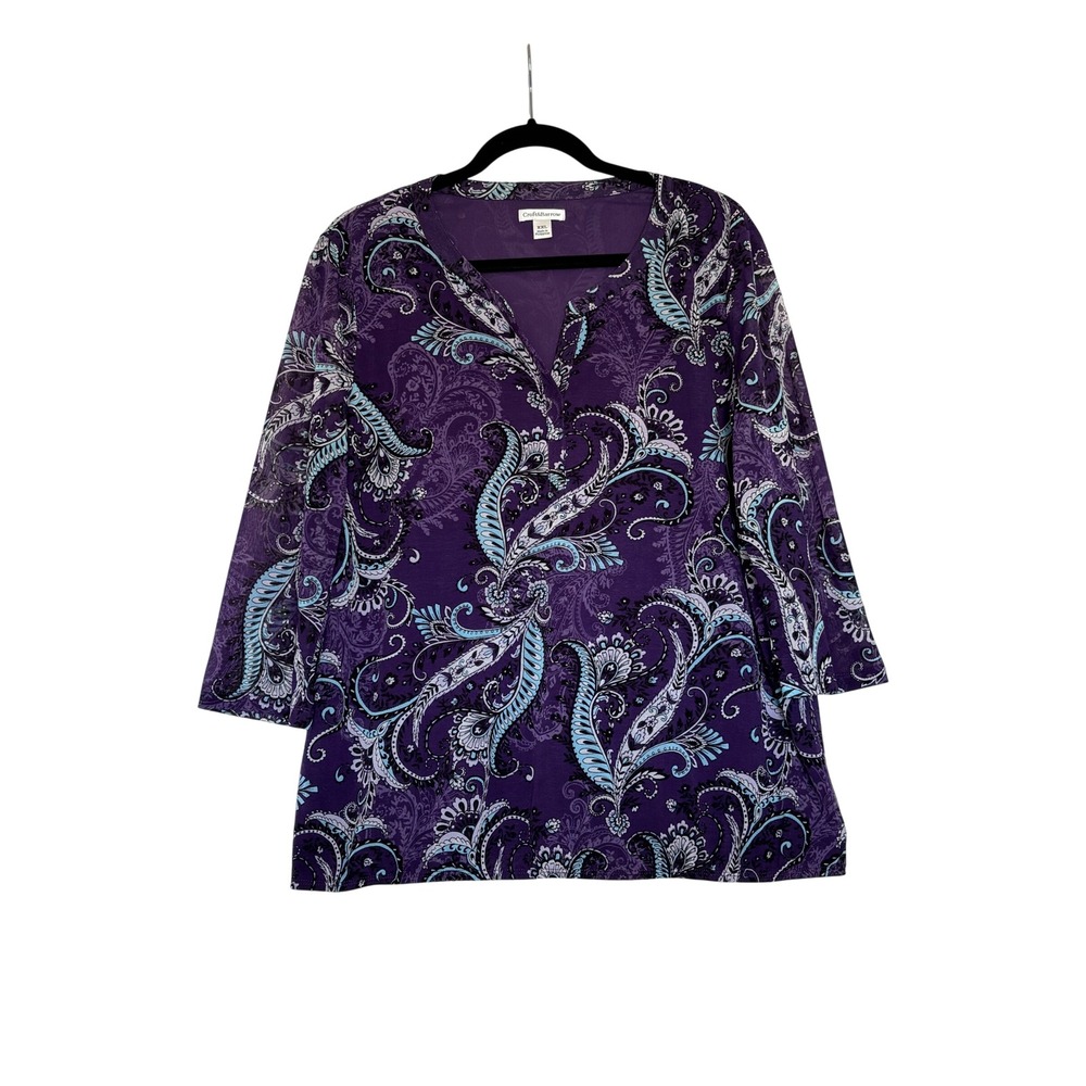 Croft & Barrow Purple Paisley Split Neck 3/4 Sleeve Blouse XXL Womens Bohemian
